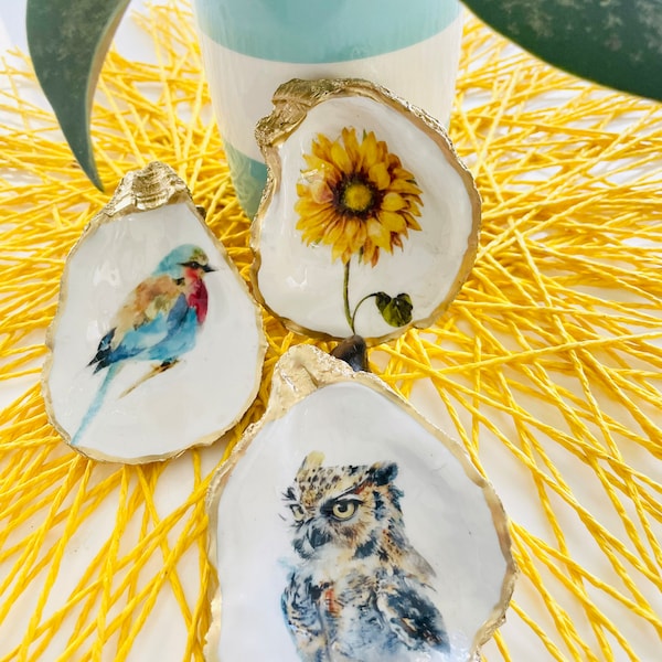 Golden Decoupage Oyster Shell Ring Dish or Ornament - Sunflower, Owl, or Bird