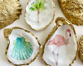 Golden Decoupage Oyster Shell Ring Dish or Ornament - Pink Flamingo, Palm Tree, Turquoise Scallop, or Turquoise Sand Dollar