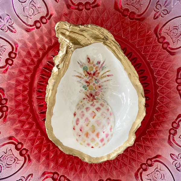 Decoupage Golden Oyster Shell or Ornament - Pineapple Fun