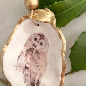 Golden Decoupage Oyster - Owl Ornament or Ring Dish