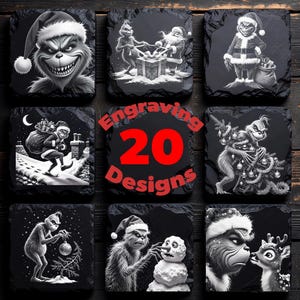 May include: A collection of eight square black slate coasters featuring white engraved illustrations of a green-furred character in various holiday scenes, with a central red text overlay that reads Engraving 20 Designs.