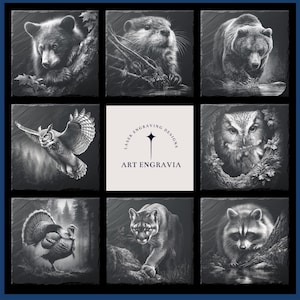May include: Nine square tiles with detailed grayscale images of North American wildlife. The images include a bear cub, a beaver, a bear, an owl in flight, an owl, a turkey, a cougar, and a raccoon. The center tile has the text "LASER ENGRAVING DESIGNS" and "ART ENGRAVIA".