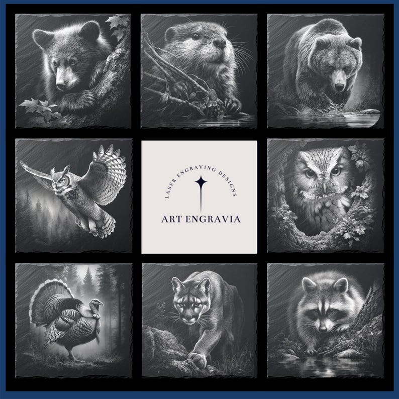May include: Nine square tiles with detailed grayscale images of North American wildlife. The images include a bear cub, a beaver, a bear, an owl in flight, an owl, a turkey, a cougar, and a raccoon. The center tile has the text "LASER ENGRAVING DESIGNS" and "ART ENGRAVIA".