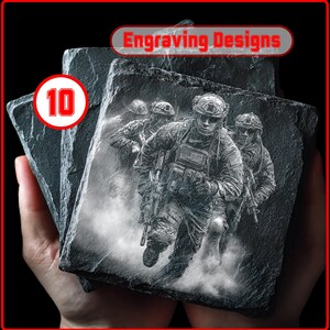 May include: A stack of ten square slate coasters. Each coaster features an engraved image of soldiers in combat. The text "Engraving Designs" is displayed at the top, and the number "10" is in a red circle.