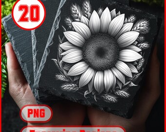 20 Beautiful Sunflower Laser Engraving Designs for Slate Coasters, Commercial Use