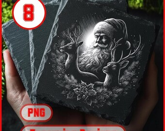 8 Festive Santa Christmas Set with Laser Engraved Wreath Designs Slate Coaster Engraving Digital Download for Slate Cheese Boards
