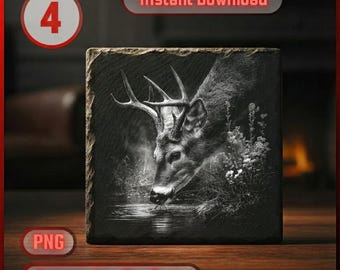 4 ciervos de cola blanca bebiendo (PNG láser) / Archivos de grabado para posavasos de pizarra / Arte de vida silvestre de ciervos