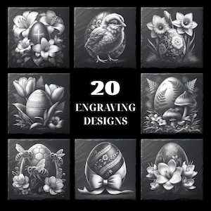 Puede incluir: Una colección de 20 diseños de grabado, cada uno presentado en una baldosa de pizarra cuadrada en escala de grises. Los diseños incluyen huevos de Pascua con motivos florales y animales, y el texto "20 ENGRAVING DESIGNS".