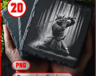 20 Samurai and Warrior Laser Engraving Designs for Slate Coasters - PNG Files for xTool & Glowforge