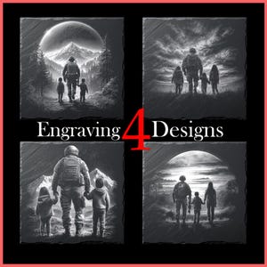 Military Family Laser Engraving PNG Set  Soldier with Children Family Silhouettes in Nature Designs Slate Coaster, Patriotic png, Glowforge
