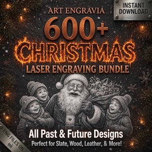 May include: A digital graphic featuring the text ART ENGRAVIA 600+ CHRISTMAS LASER ENGRAVING BUNDLE in fiery orange letters. Below, a black and white illustration shows Santa Claus holding a sack of gifts, surrounded by three smiling children.