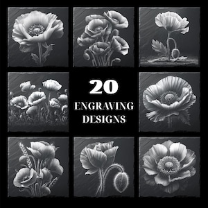 Puede incluir: Una colección de nueve imágenes en escala de grises de grabados de flores de amapola sobre fondos cuadrados oscuros. La imagen central muestra el texto "20 ENGRAVING DESIGNS" en blanco. Los diseños de amapolas varían en composición y detalle.