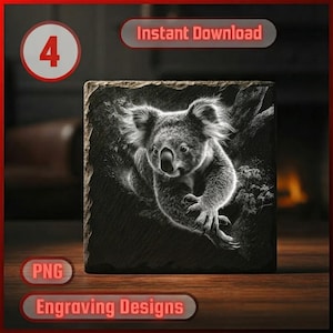 May include: Square, black and white coaster featuring a detailed engraving of a koala bear on a tree branch. The coaster has a textured surface and the words "Engraving Designs" are displayed. The image also includes the text "Instant Download" and "PNG".