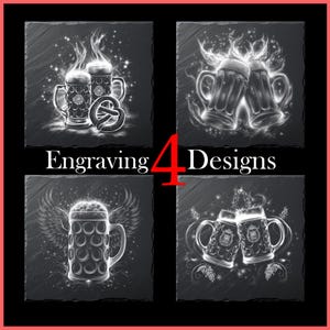 May include: Four slate coasters with engraved beer-themed designs. Each coaster features a different design, including beer steins, pretzels, and wings. The text "Engraving 4 Designs" is displayed in the center.
