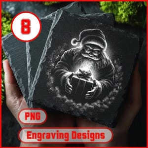 May include: Black slate coasters with a Santa Claus design holding a glowing gift. The image is a grayscale engraving with a Christmas theme. The coasters are square and have a rough, natural edge. The image also includes the text "PNG" and "Engraving Designs".