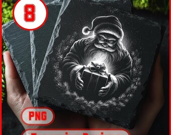 8 Santa Festive Christmas Set with Laser Engraved Wreath Designs Slate Coaster Engraving Digital Download for Slate Cheese Boards