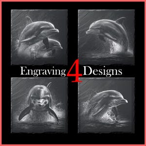 Puede incluir: Cuatro diseños cuadrados de pizarra con grabados de delfines. Cada diseño muestra una imagen diferente de delfines en el agua, con el texto "Engraving 4 Designs" en el centro.