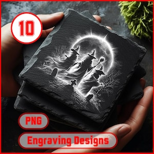 10 gotiska Halloween-skiffergravyrpaket för digital nedladdning av gravyr för Slate Coaster, Glowforge, LightBurn, XTool, kommersiellt bruk