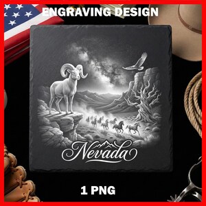 Nevada Slate Coaster PNG, High Desert Laser File, Bighorn Sheep Wild Horses Scene, Southwestern Ranch Decor for Glowforge xTool