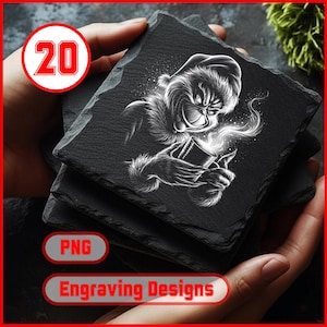 May include: Black slate coasters featuring a white engraved Grinch design holding a steaming cup. The coasters are square and stacked, with the text "Engraving Designs" and "PNG" in the image.