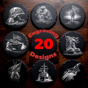May include: A collection of nine black slate coasters with engraved military-themed designs. The coasters feature images of a helmet, soldiers, tanks, boots, dog tags, a ship, and a jet. The text "Engraving 20 Designs" is in the center.