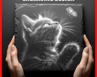 Cat and Butterfly Engraving Slate Coaster Art for Engraving Digital Download Graphics Designs for Slate Coasters Laser Engraving Glowforge