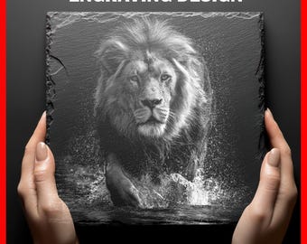 Grawerunek Łupkowy z Lwem do Ładowania Dzika Moc w Ruchu Cyfrowe Pobieranie Projektów Graficznych na Podkładki Łupkowe Glowforge Do Użytku Komercyjnego