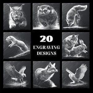 Puede incluir: Nueve baldosas cuadradas de pizarra con diseños de animales grabados, incluyendo un lince, un mapache, un zorro, una armiño, un lobo, un conejo, un águila y un búho. El texto "20 ENGRAVING DESIGNS" es blanco. Las imágenes son en blanco y negro.
