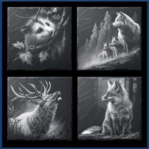 May include: Four square slate tiles with grayscale wildlife art. Images include an opossum in a tree, a wolf pack in a forest, a roaring elk, and a fox in a forest setting. The tiles are framed with a dark blue border.