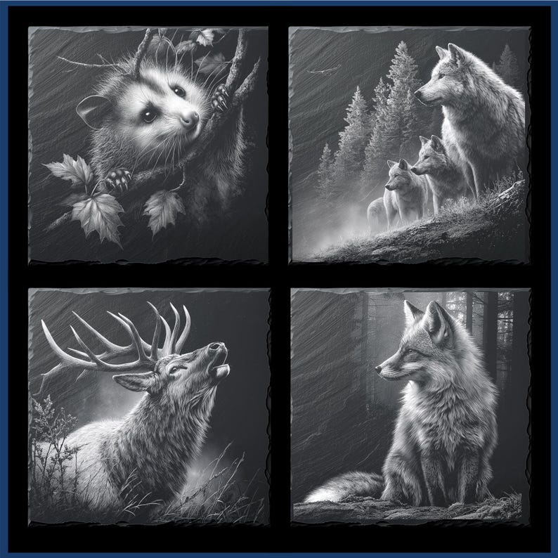 May include: Four square slate tiles with grayscale wildlife art. Images include an opossum in a tree, a wolf pack in a forest, a roaring elk, and a fox in a forest setting. The tiles are framed with a dark blue border.