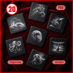 May include: Set of seven square slate coasters with engraved marine life designs. The designs include a sea turtle, dolphins, a manta ray, a nautilus, an octopus, a whale tail, and a seal. The word "Engraving" is visible.