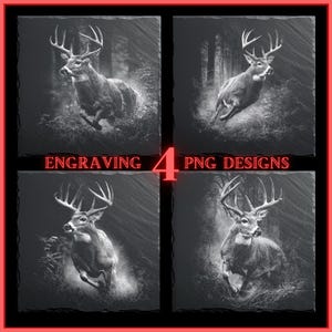 May include: Four black and white images of deer with large antlers, each in a different pose, set against a dark background. The word "ENGRAVING" is above the number "4", and "PNG DESIGNS" is to the right.