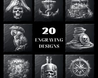 20 piratsymboler i PNG-format för skifferunderlägg – Lasergraveringsdesigner med dödskalle och korsben för kommersiellt bruk för Glowforge, xTool