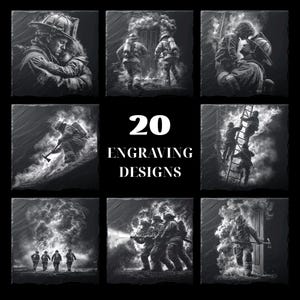 May include: A collection of 9 black and white engravings depicting firefighters in various scenes. The images show firefighters rescuing people, battling fires, and working together. The text "20 ENGRAVING DESIGNS" is in the center.