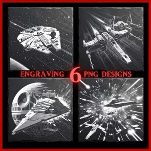 Peut inclure: Quatre designs PNG gravés en noir et blanc représentant des vaisseaux spatiaux et des scènes emblématiques. Les designs incluent le Faucon Millenium, des chasseurs X-wing, un Star Destroyer et l'Étoile de la Mort. Le texte "ENGRAVING 6 PNG DESIGNS" est également présent.