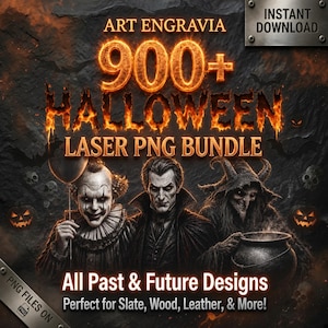 Über 900 Halloween-PNG-Dateien im Mega-Bundle, Hexen-, Kürbis- und Skelett-Designs, gruselige Schieferuntersetzer-Lasergravurdateien für Glowforge xTool