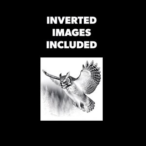 May include: Black and white illustration of a Great Horned Owl in flight, with wings spread wide. The owl is depicted against a backdrop of a forest. The text "INVERTED IMAGES INCLUDED" is at the top.