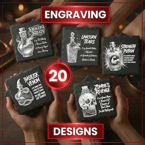 May include: Five square black slate coasters featuring white engraved potion bottle illustrations and text including Dragon's Breath, Unicorn Tears, Strength Potion, Basilisk Venom, and Zombie's Revenge, with a red circle displaying the number 20.