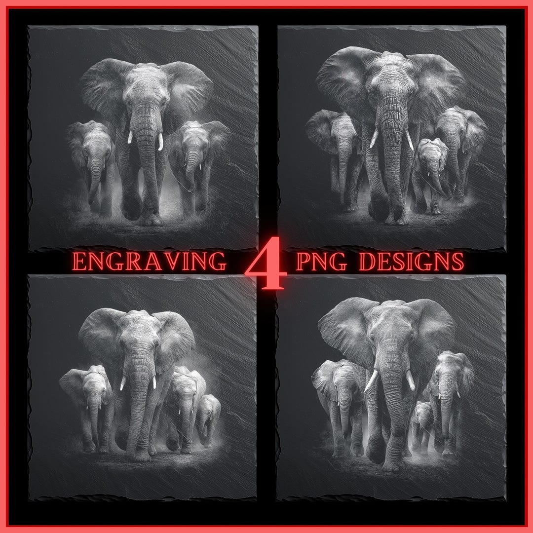 4 African Elephant Family Engraving PNG Bundle for Slate Coasters ...