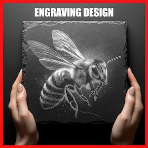Puede incluir: Una pizarra negra cuadrada con un diseño grabado de una abeja. La abeja está detallada con alas y características corporales visibles. El texto "ENGRAVING DESIGN" está en la parte superior. La pizarra está sostenida por dos manos.