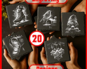 20 Christmas Engraving Png Bundle Digital Download for Glowforge Laser Burn and create Slate Coaster, Commercial Use