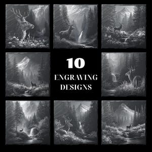 雄大な鹿と山林の彫刻PNGパック10枚セット（デジタルダウンロード）、Glowforge Burn Deer Slateコースター、レーザーPNG、商用利用可
