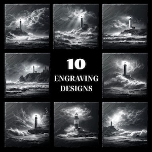 Könnte beinhalten: Eine Sammlung von zehn Schwarz-Weiß-Gravuren mit Leuchttürmen in stürmischer See. Jedes quadratische Design zeigt einen Leuchtturm an einer felsigen Küste mit dramatischen Wellen und bewölktem Himmel. Der Text "10 ENGRAVING DESIGNS" ist zentriert.