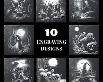 10 Haunted Harvest Halloween PNG Designs for Engraving Digital Download for Slate Coaster, Glowforge, LightBurn, XTool, Commercial Use