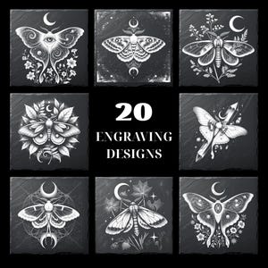 Könnte beinhalten: Eine Sammlung von 20 Gravurdesigns mit weißen Strichzeichnungen verschiedener Motten, Mondsicheln, Blumen und Kristalle auf einem dunkelgrauen Schieferhintergrund. Der zentrale Text lautet 20 ENGRAVING DESIGNS in weißen Großbuchstaben.