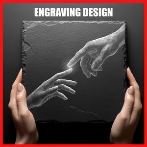 Może przedstawiać: Czarny kwadrat z łupków z białym grawerunkiem dwóch dłoni wyciągniętych w swoim kierunku, z napisem "ENGRAVING DESIGN" u góry. Łupek jest trzymany przez dwie dłonie z zadbanymi paznokciami.