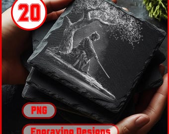 20 Japanese Warrior Art Engraving Designs - Digital PNG Files for Laser Cutting, Glowforge & LightBurn, Commercial Use