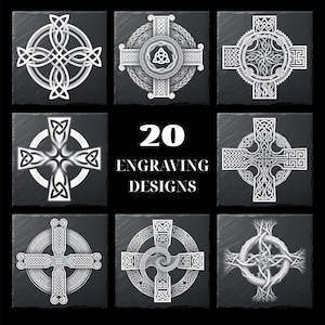 20 Celtic Cross Laser Engraving Designs PNG Bundle | Irish Knotwork Sacred Geometry Slate Coaster Art