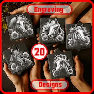 20 Horses with Sunflowers Design Bundle for Engraving Digital Download for Slate Coaster, Glowforge, LightBurn, XTool, Commercial Use