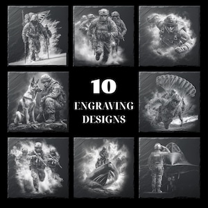 May include: A collection of ten black and white engraving designs featuring military themes. The designs depict soldiers in various scenarios, including combat, with a dog, and saluting. The text "10 ENGRAVING DESIGNS" is centered.